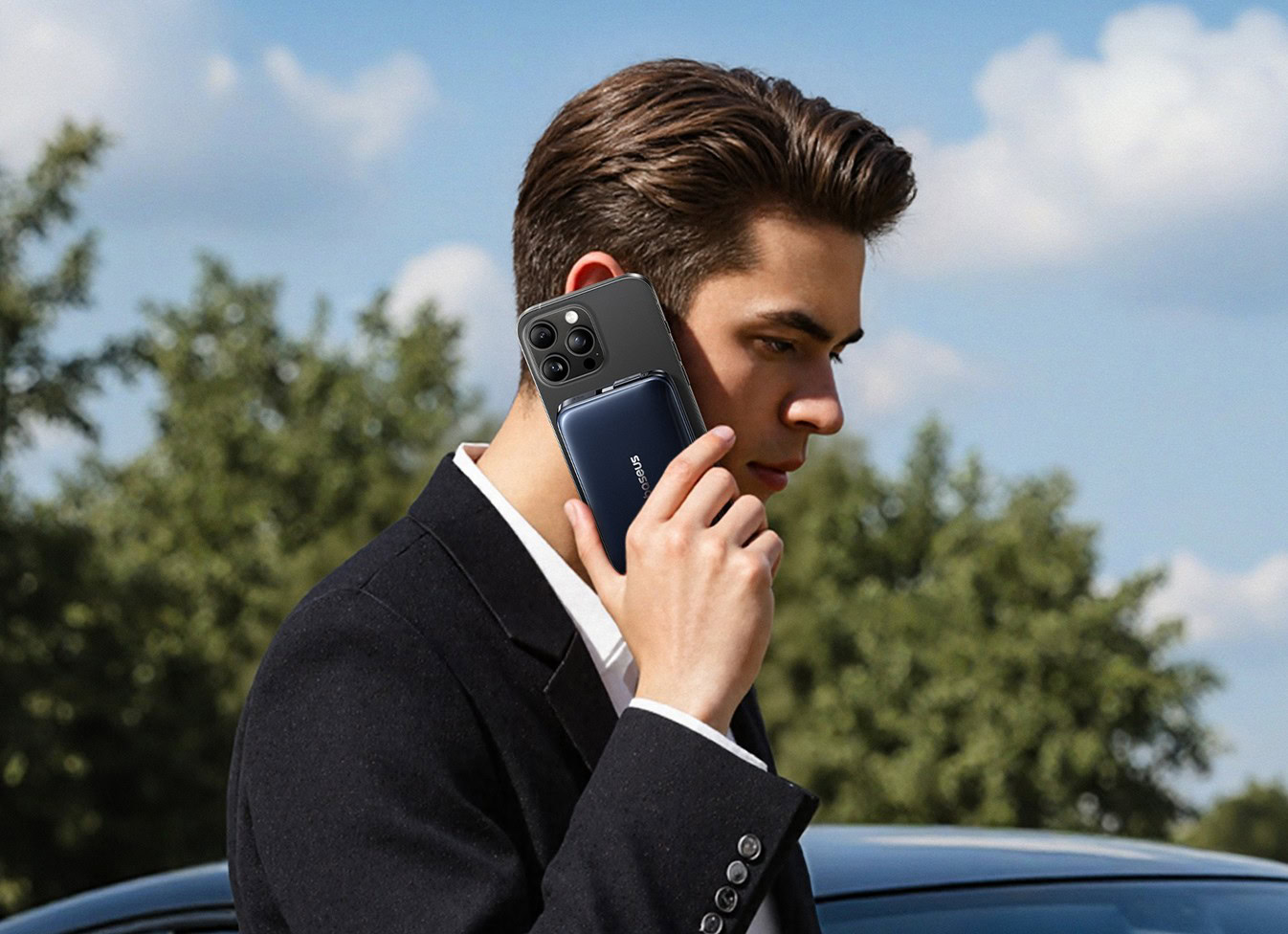 Banco de potência magnética Baseus PicoGo AM61 em uso Banco de potência magnética Baseus PicoGo AM61 em uso