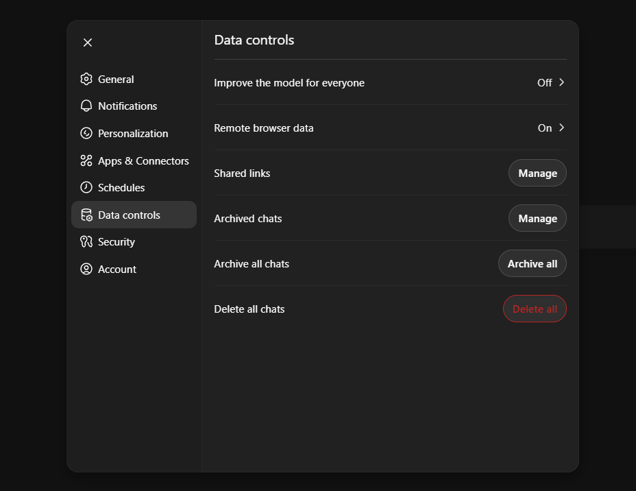 Controles de dados ChatGPT