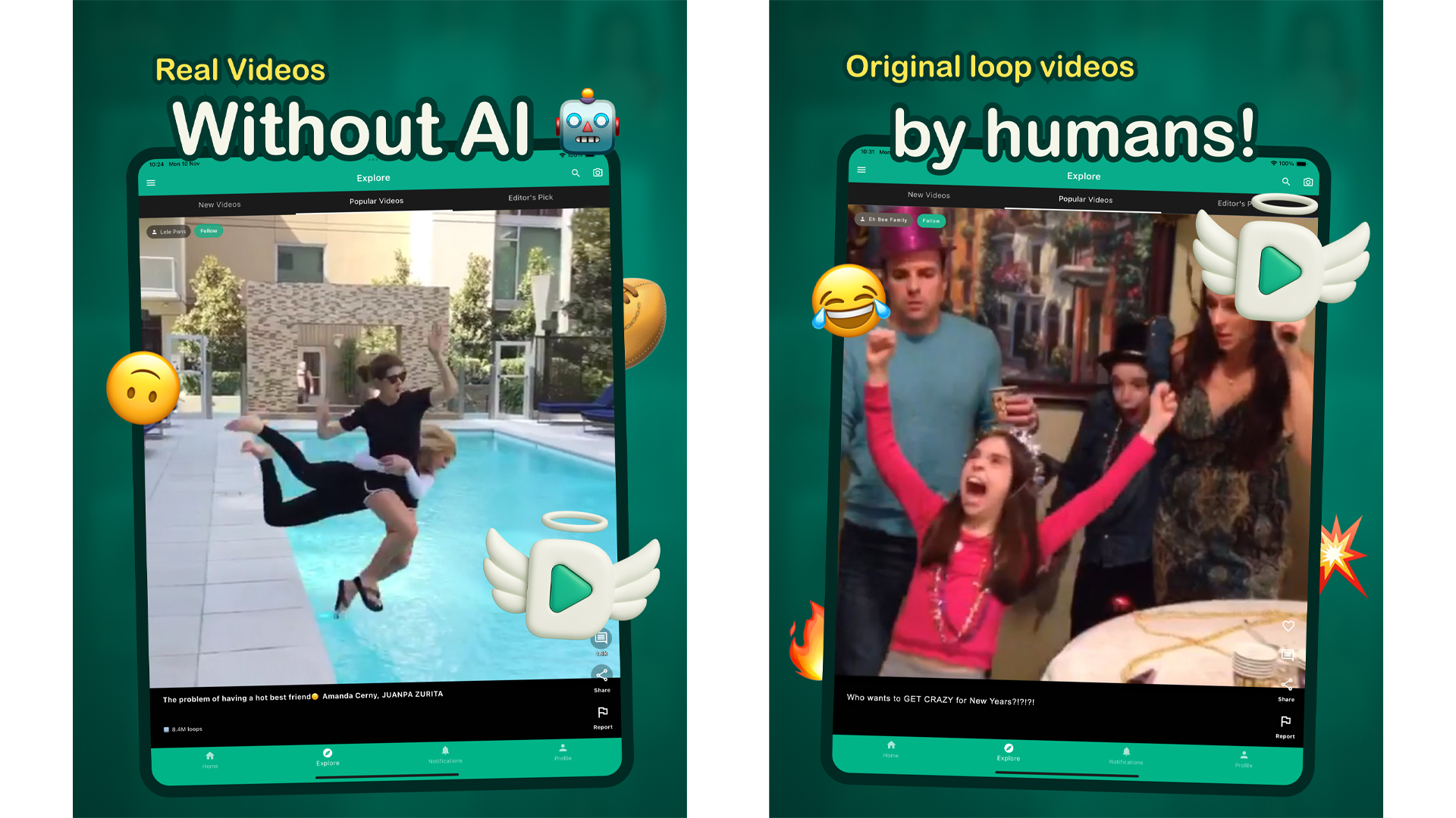 Capturas de tela do aplicativo diVine focadas em serem feitas por humanos sem IA
