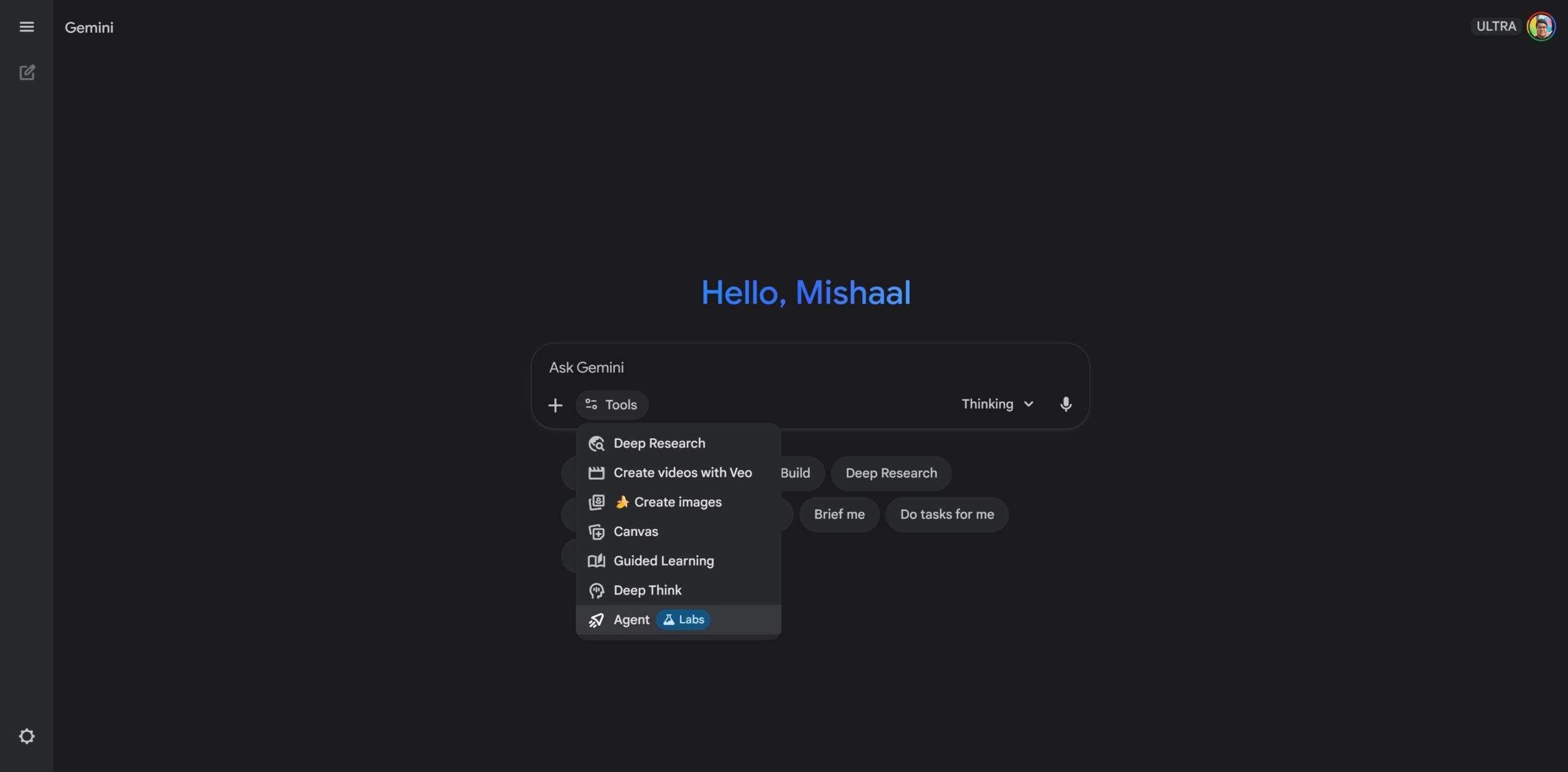 Agente Gemini no menu suspenso