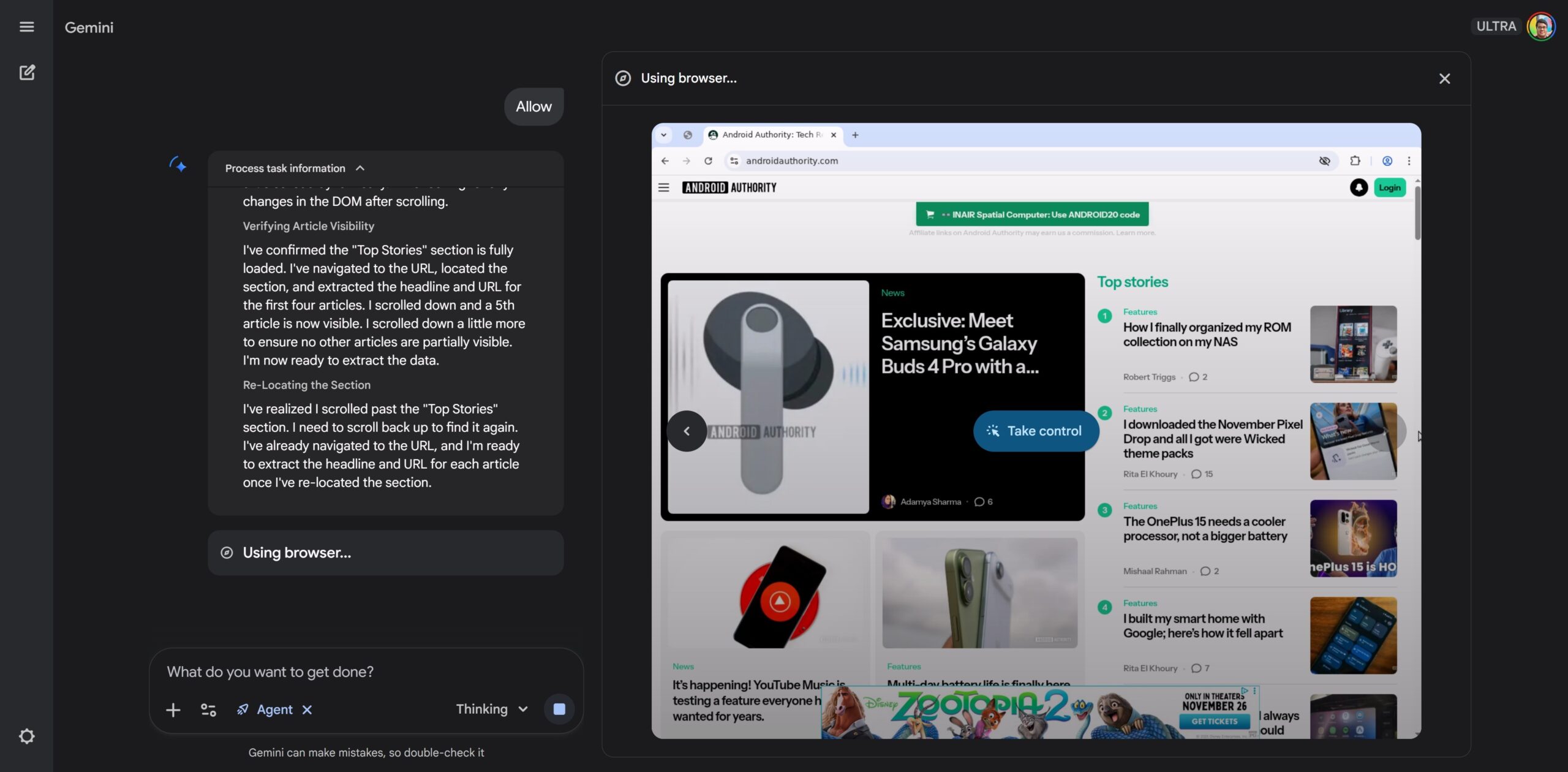 Agente Gemini assume o controle