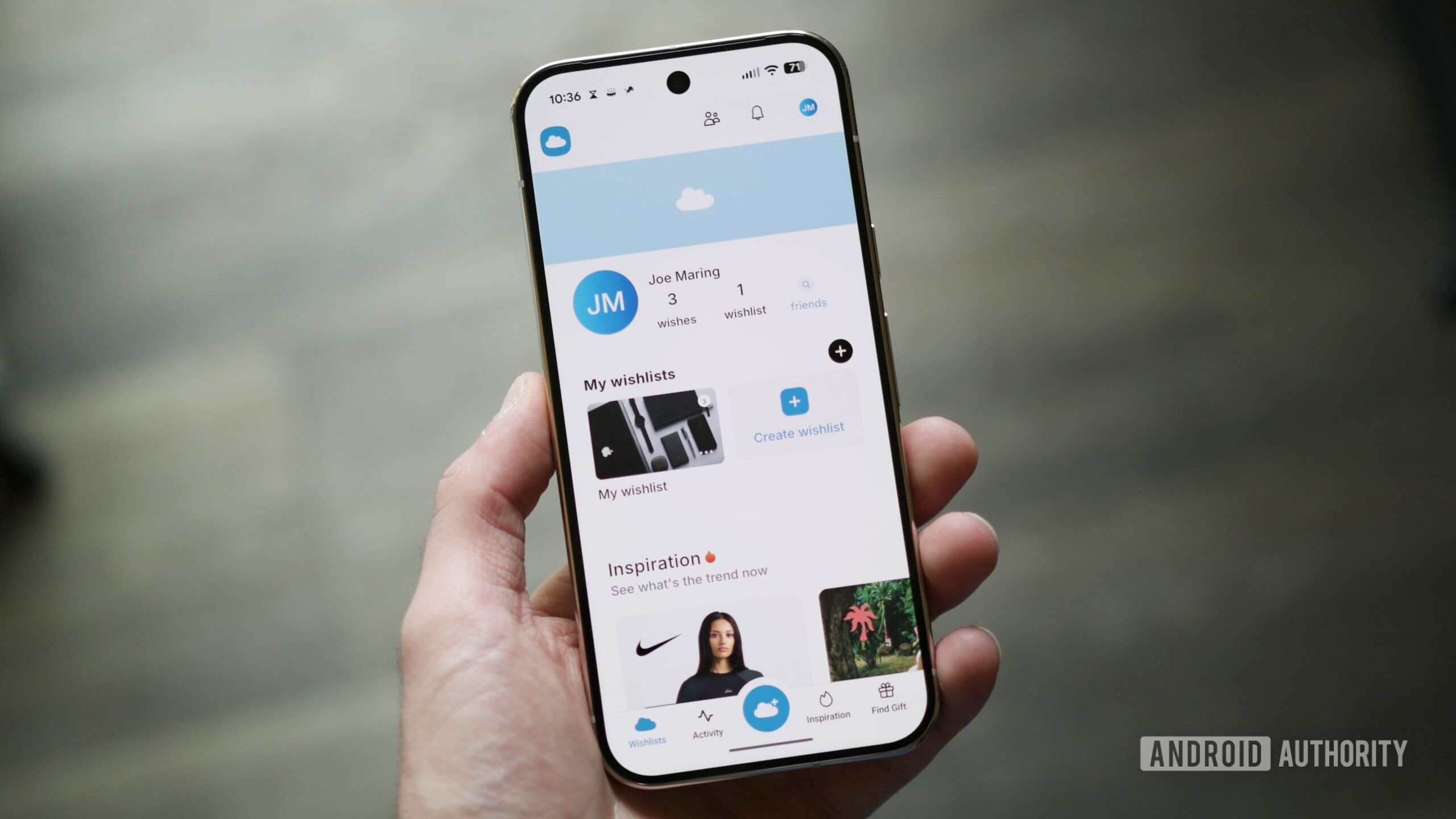 tela inicial do aplicativo gowish Aplicativo GoWish rodando em um telefone Android.