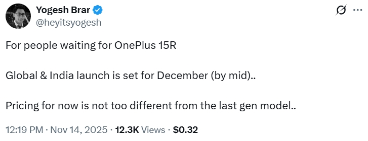 Yogesh Brar no OnePlus 15R Yogesh Brar no OnePlus 15R