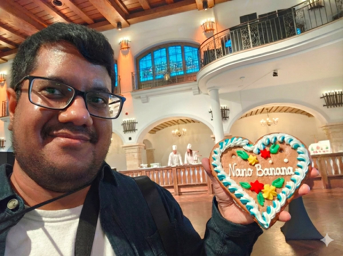 Eu segurando um biscoito de gengibre que diz Nano Banana