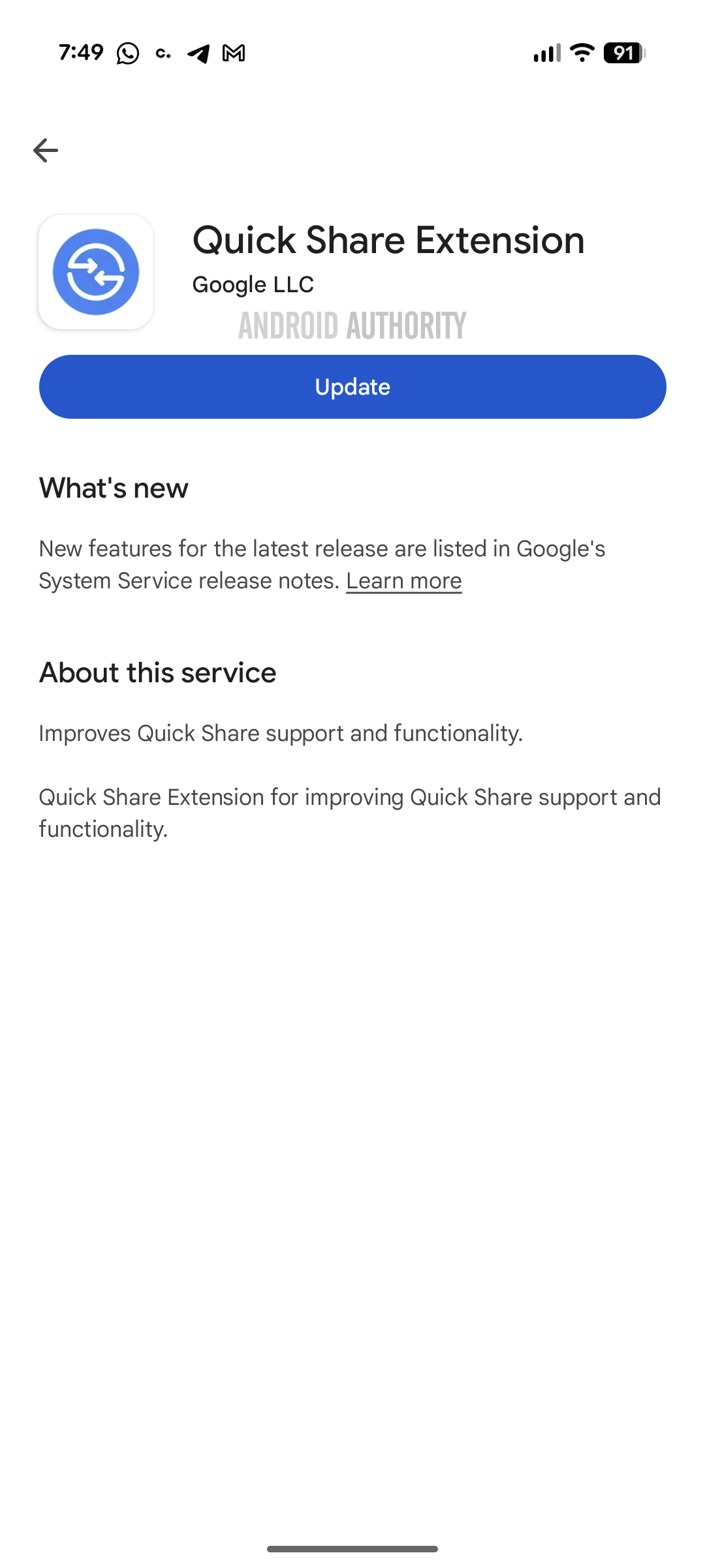 Atualização da extensão Quick Share pendente