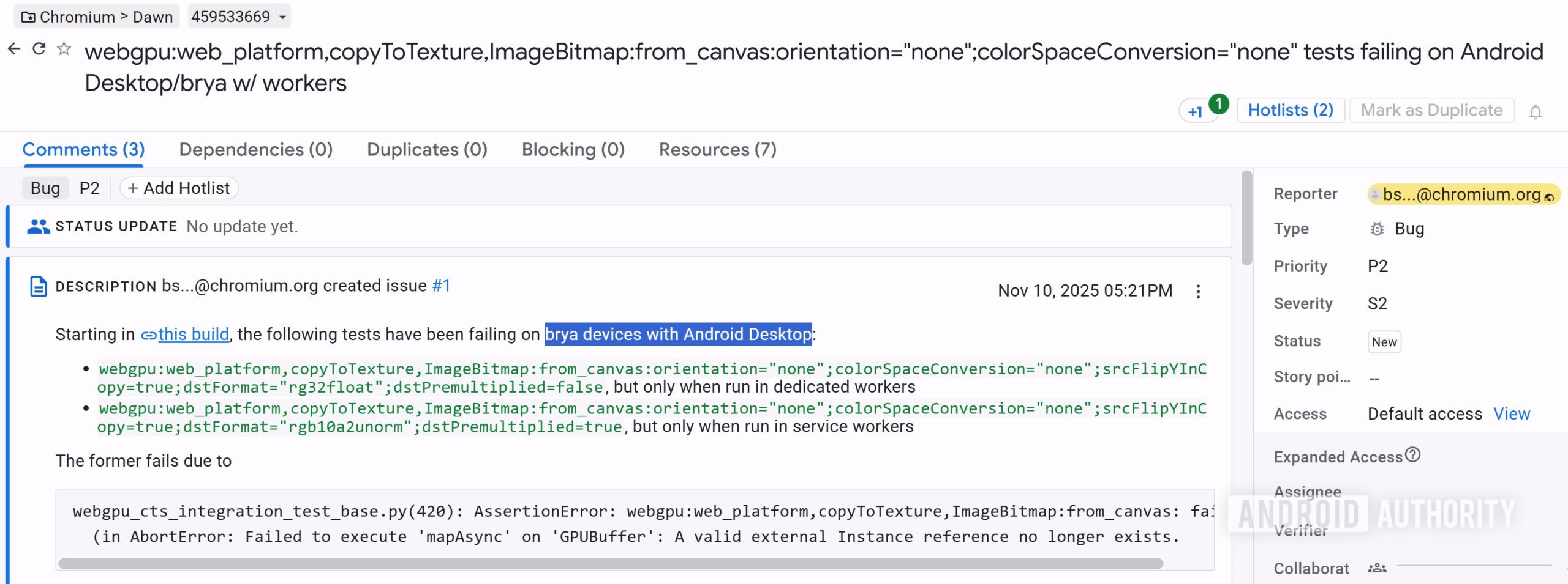 Menção do Android Desktop no relatório de bug do Google