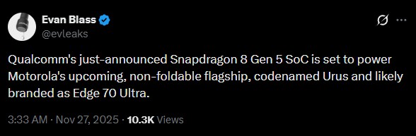 Rumor do Motorola Edge 70 Ultra compartilhado por Evan Blass no X
