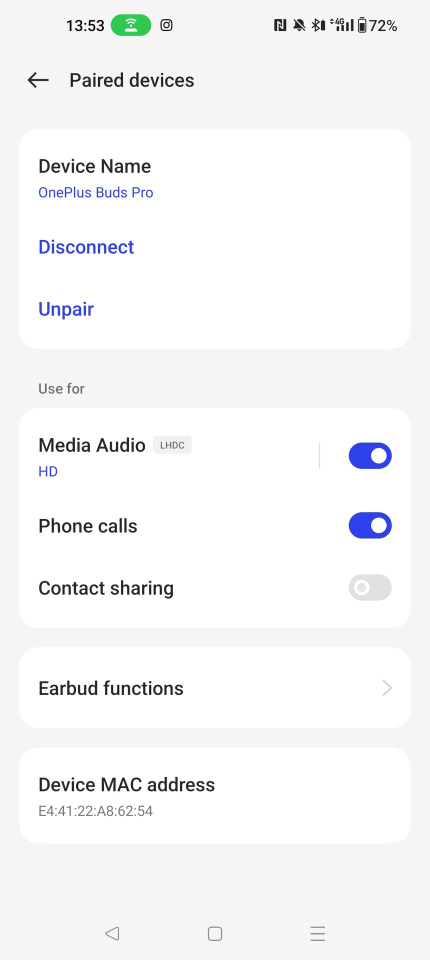 Menu de codec Bluetooth OnePlus Buds Pro