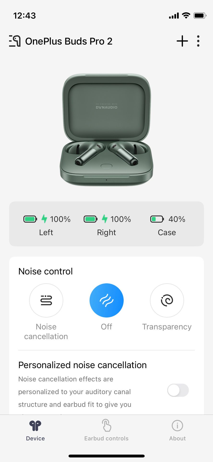 O aplicativo OnePlus Buds Pro 2 HeyMelody para iPhone exibe as configurações de controle de ruído.