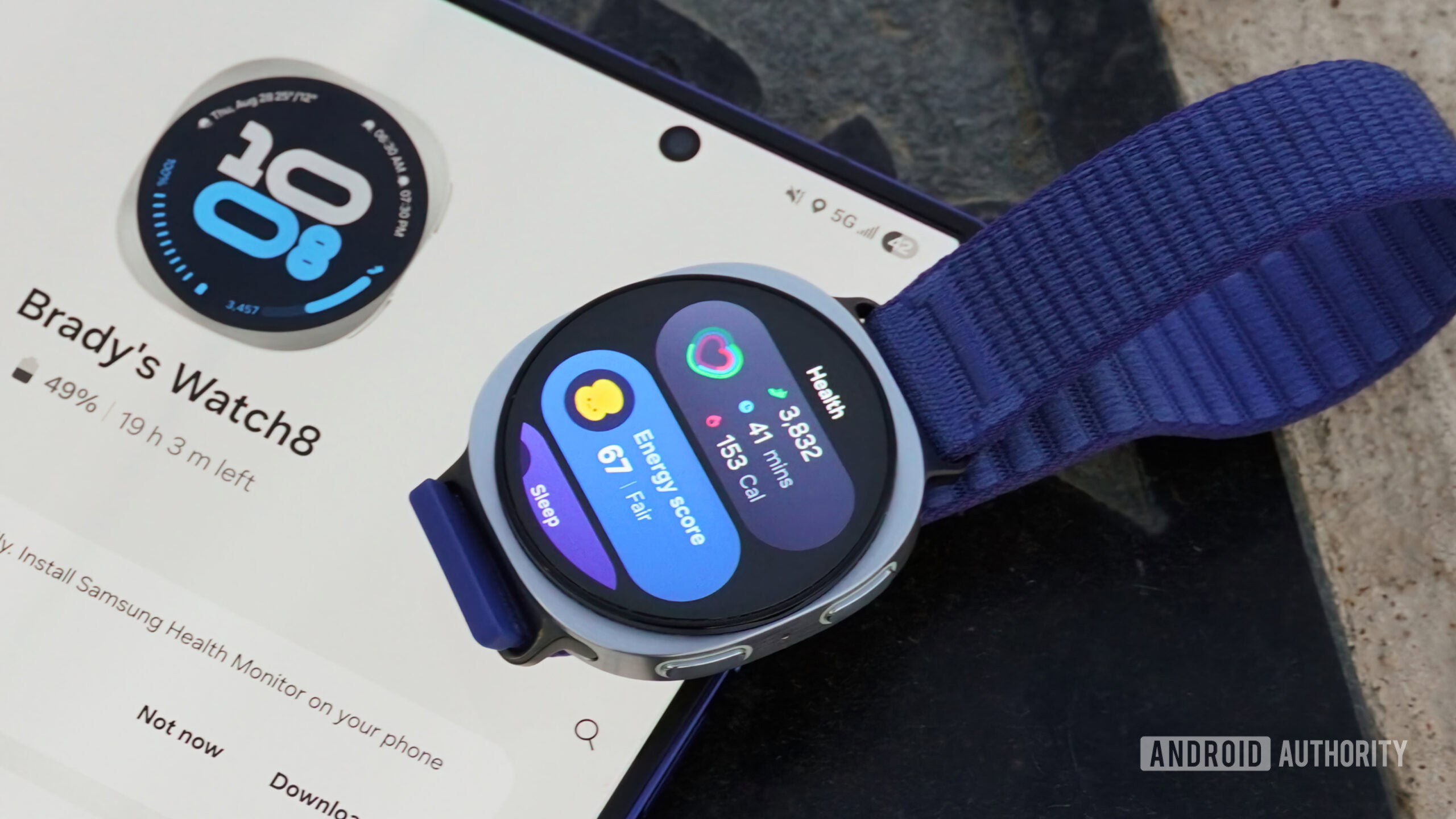 Relógio Galaxy 8 AA 3 A pontuação de energia e saúde em um Samsung Galaxy Watch 8.