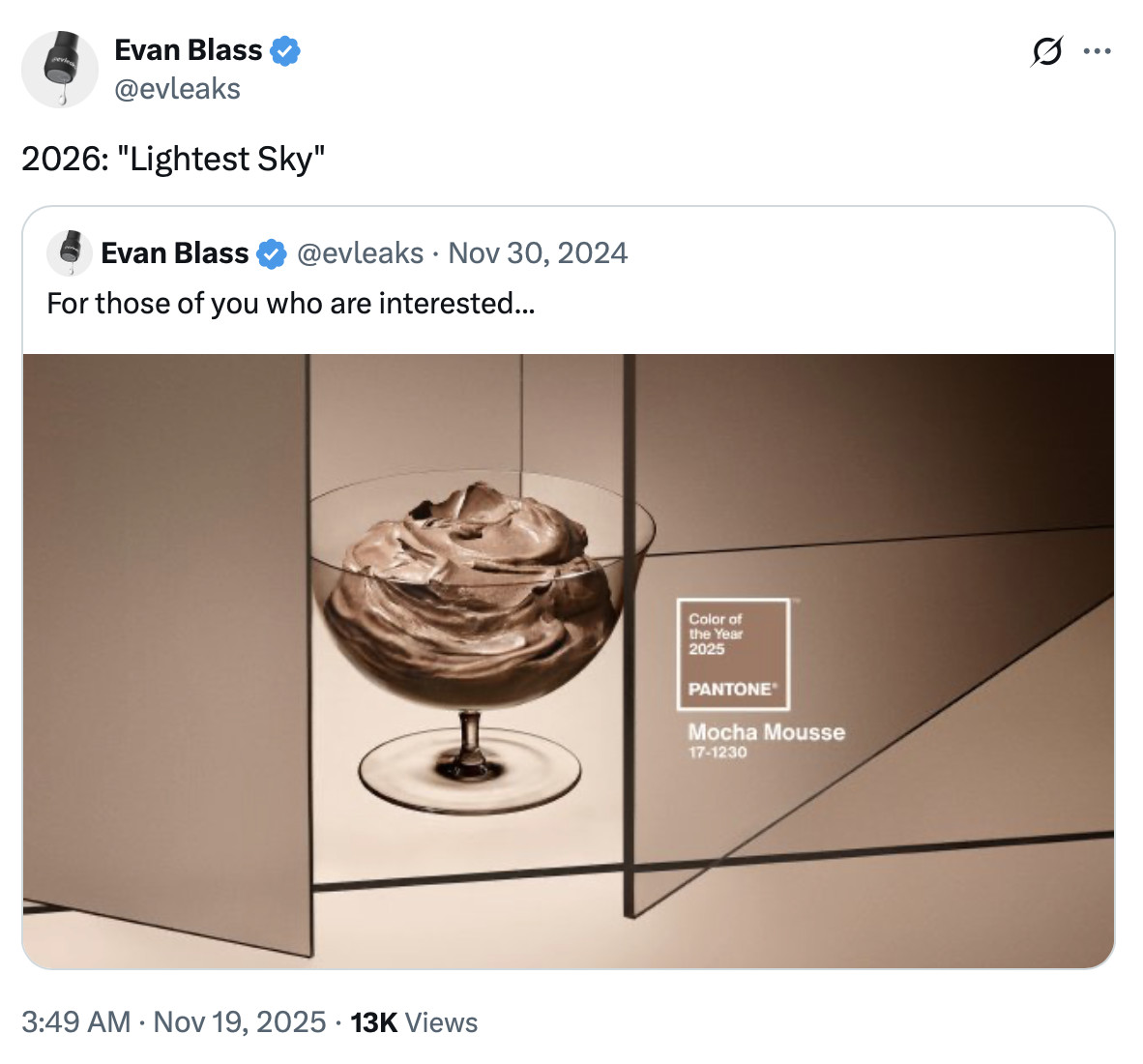 Vazamento de Evan Blass da cor do ano Pantone 2026.