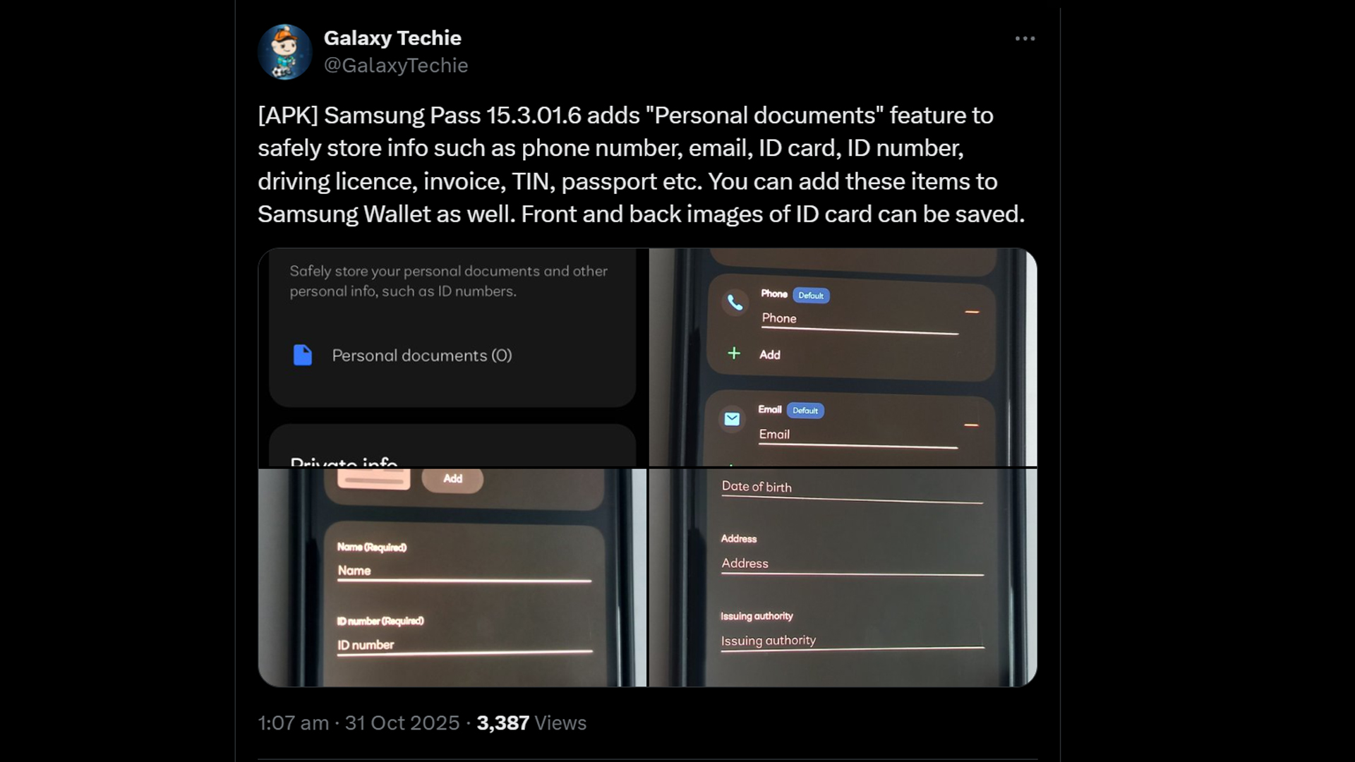 Opções de destaque do Samsung Pass X Post para adicionar documentos confidenciais Opções de destaque do Samsung Pass X Post para adicionar documentos confidenciais