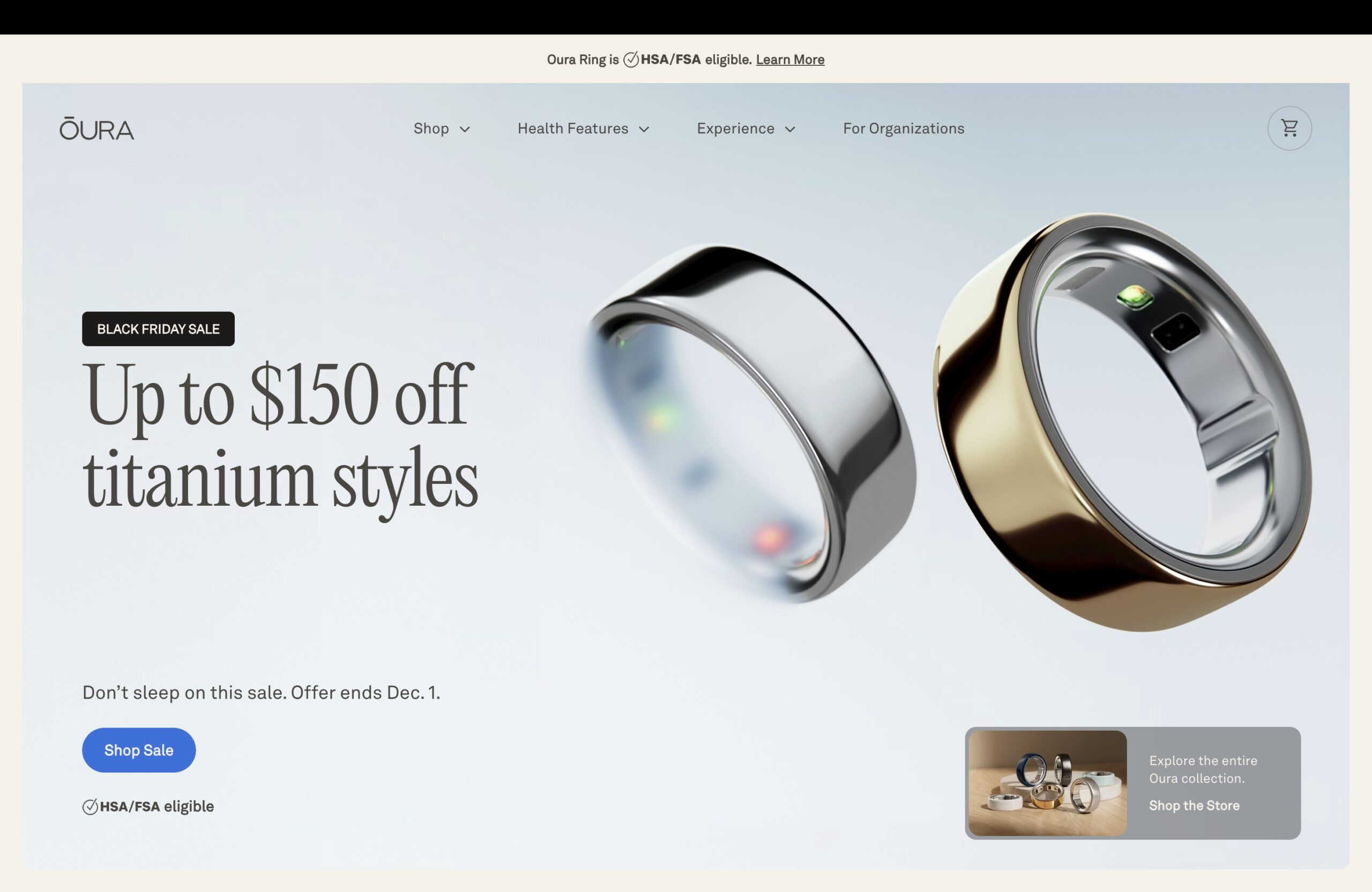 Uma captura de tela do site Oura, mostrando as vendas da Black Friday 2025.