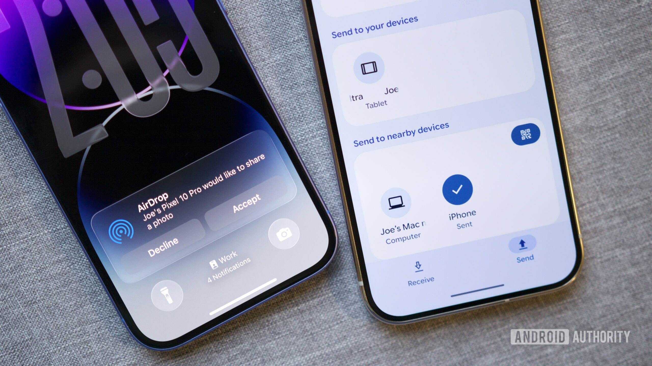 airdrop compartilhamento rápido herói 3 Um Pixel 10 Pro enviando um arquivo para um iPhone pelo Quick Share.