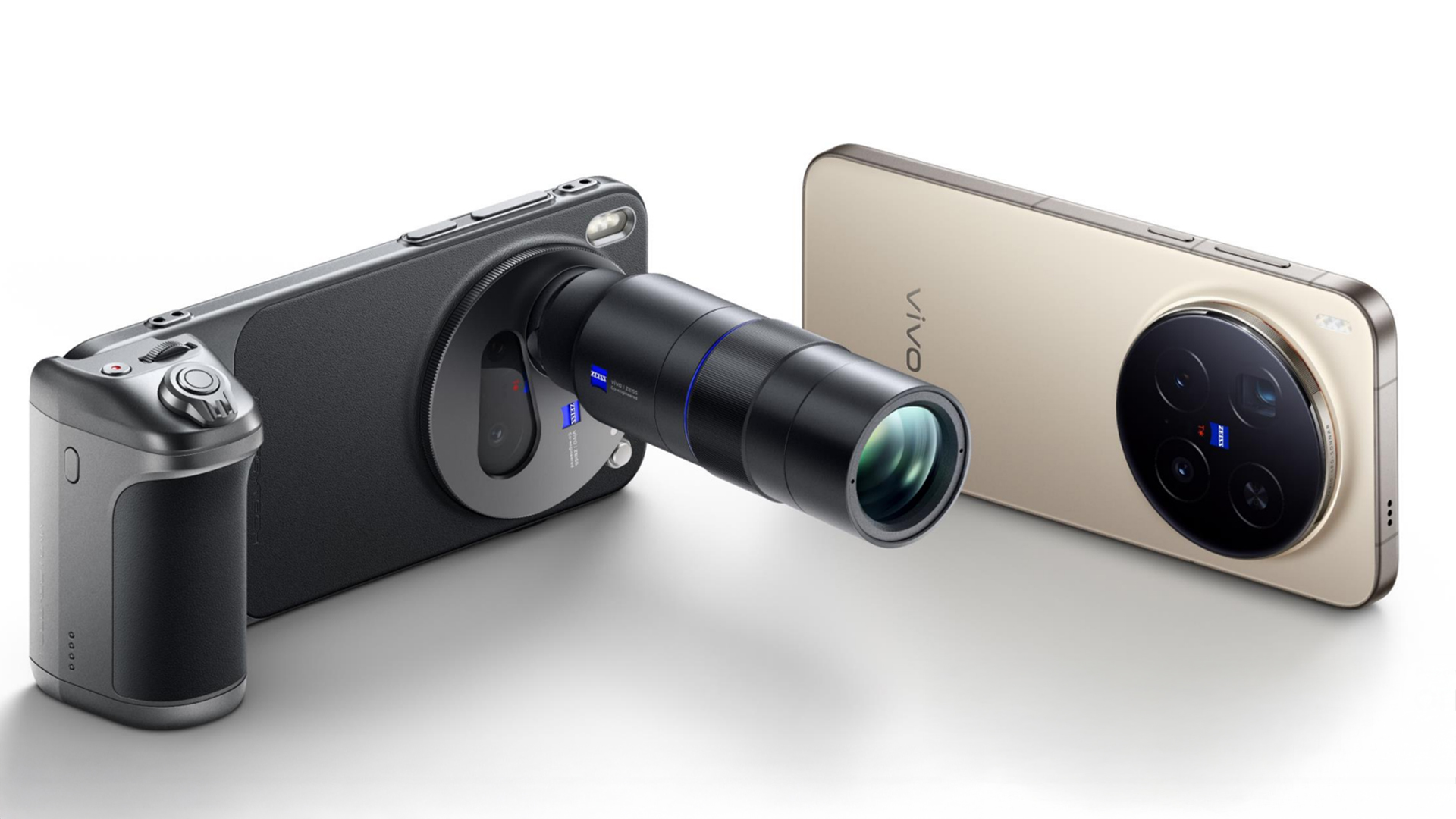 vivo x300 pro com kit extensor telefoto e vivo X300 em segundo plano vivo x300 pro com kit extensor telefoto e vivo X300 em segundo plano