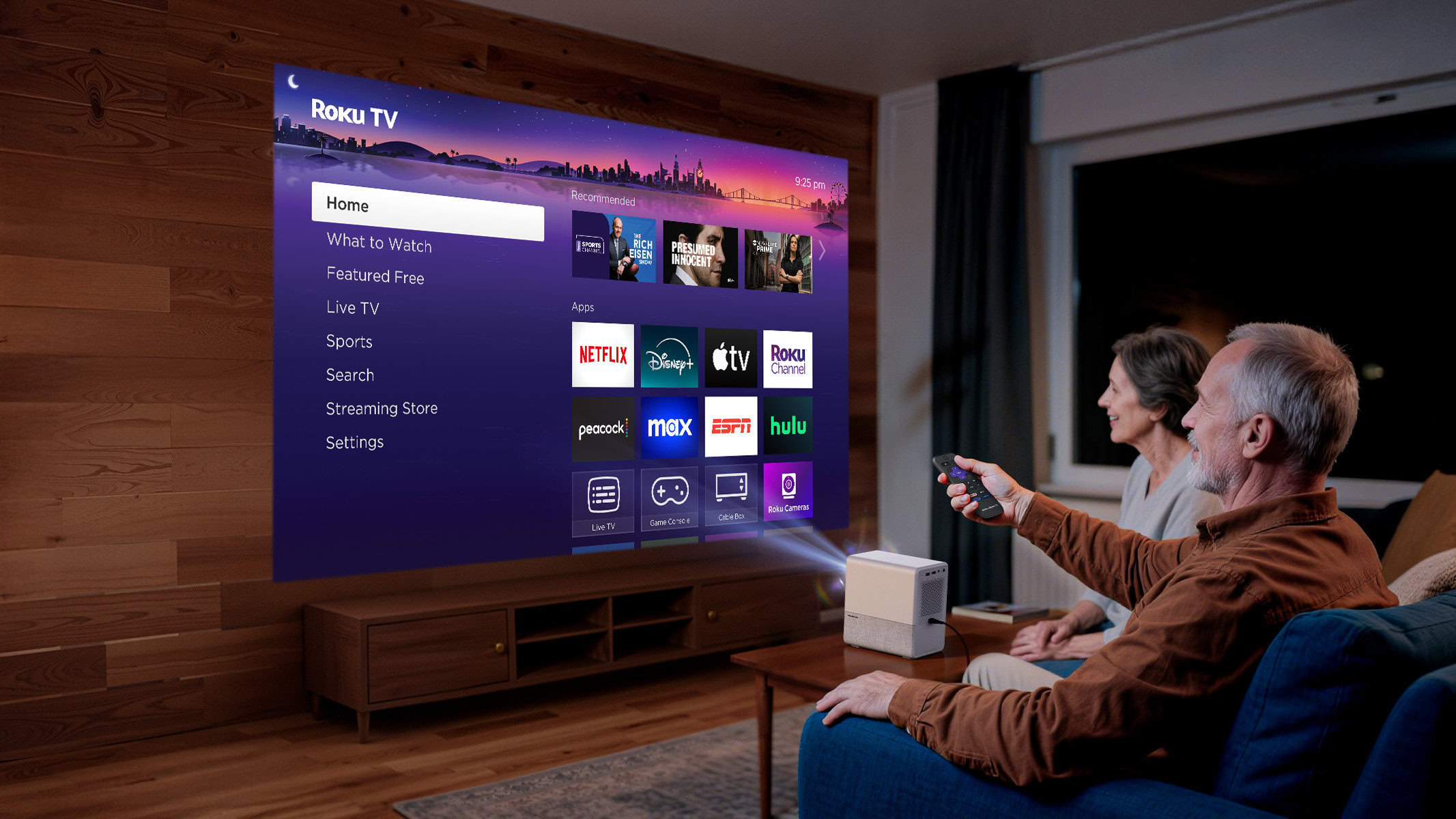 Projetor inteligente Aurzen Roku TV interno