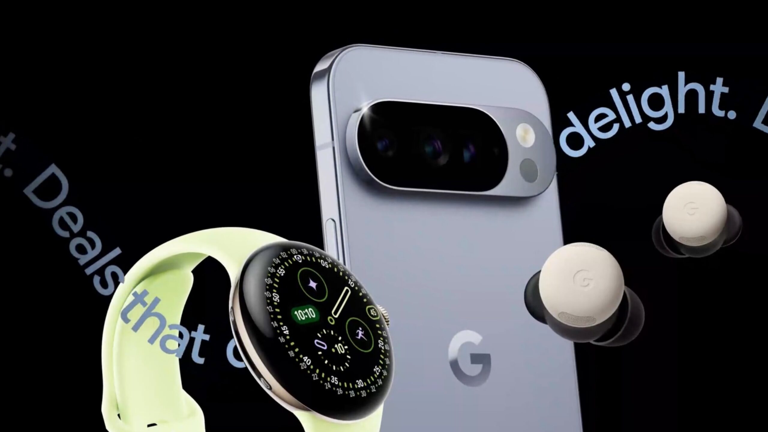 Ofertas da Black Friday do Google Uma imagem promocional do Google Black Friday Deals mostrando um smartphone Pixel, um relógio e fones de ouvido.