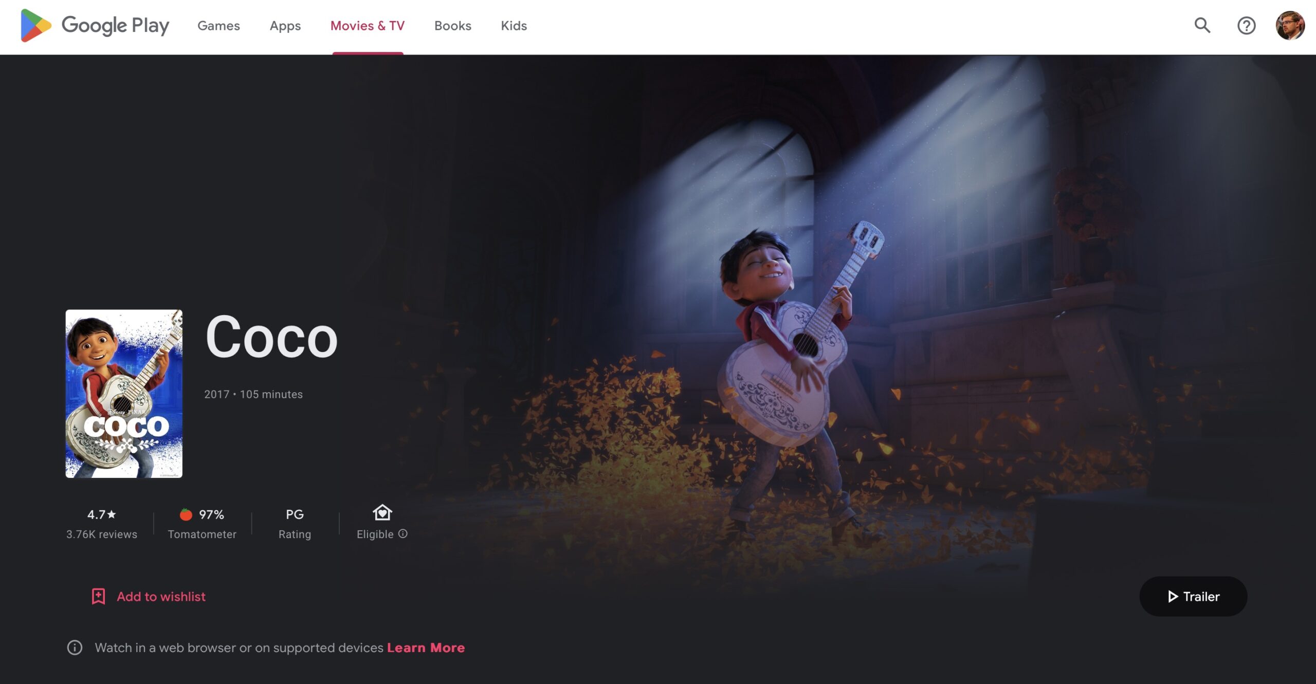 Uma captura de tela do filme Coco da Disney na Google Play Store.