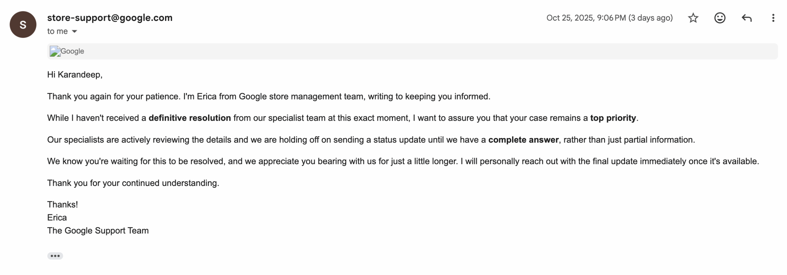 E-mail de suporte do Google Índia Pixel
