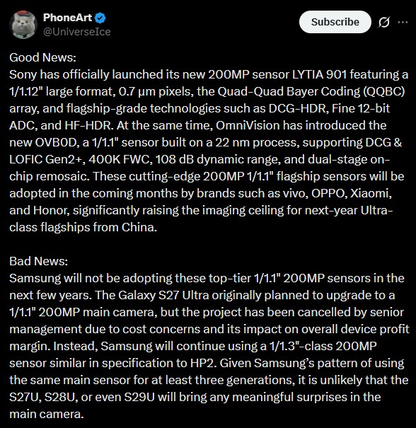 Rumor de câmera Ice Universe S27 Ultra Postagem do universo de gelo no X sobre a câmera do Galaxy S27 Ultra aderindo ao mesmo sensor de antes
