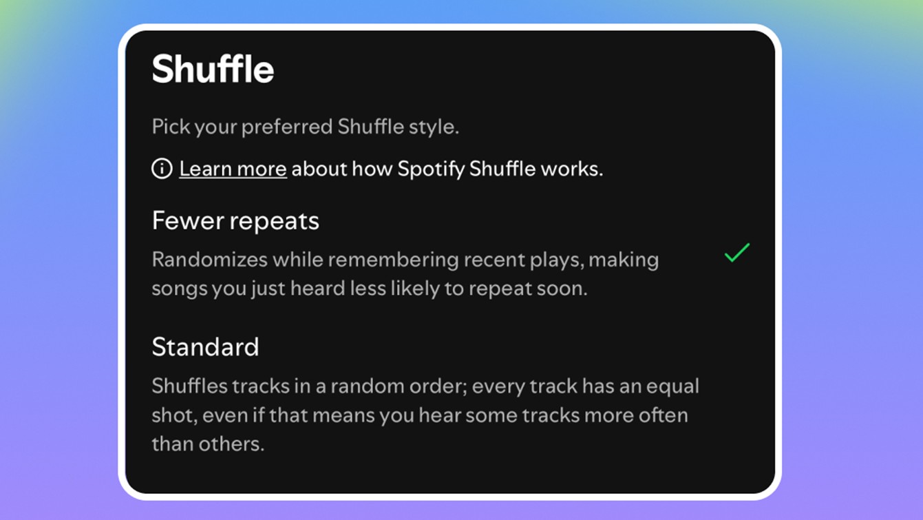 Configurações do Spotify Shuffle com menos repetições