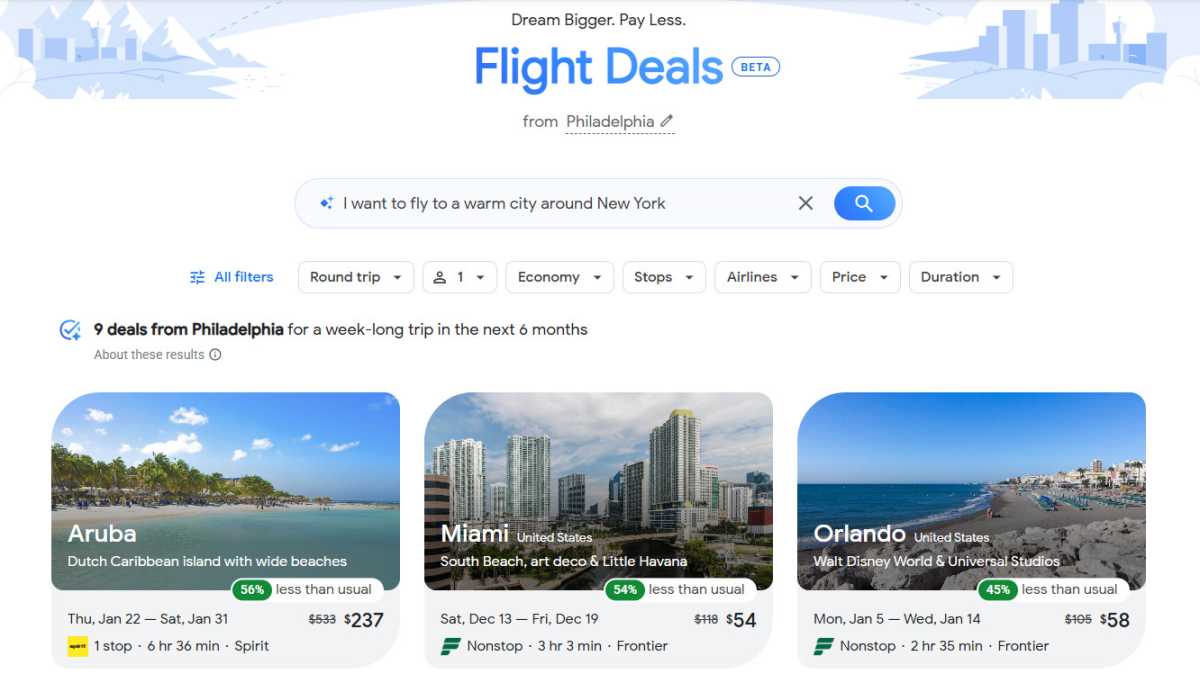 Exemplo de voos beta do Google Flight Deals saindo da Filadélfia