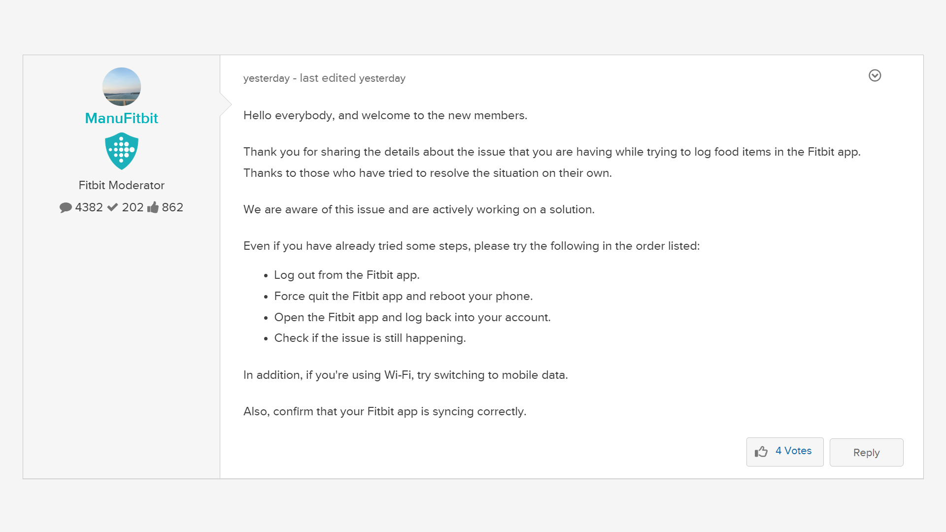 Resposta oficial da comunidade Fitbit sobre problemas ao tentar registrar alimentos no aplicativo Fitbit Resposta oficial da comunidade Fitbit sobre problemas ao tentar registrar alimentos no aplicativo Fitbit