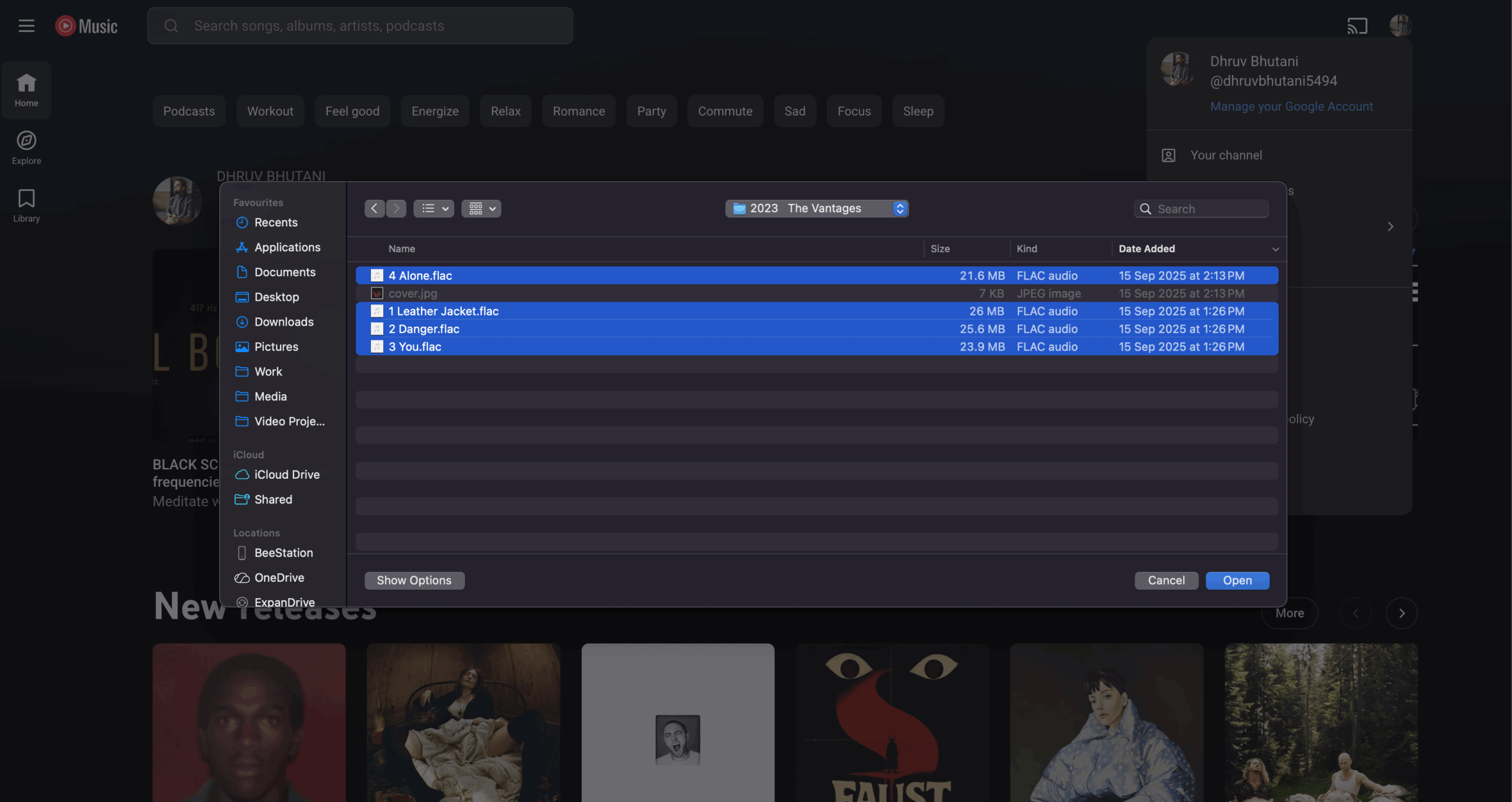 Seleção de arquivo de música do YouTube