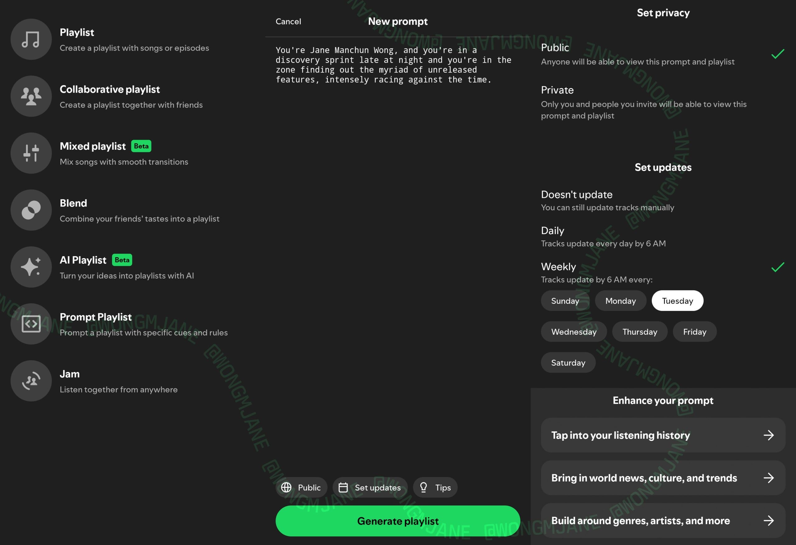 Experimento de lista de reprodução de prompt do Spotify mostrando sua interface com uma caixa de prompt no meio e ferramentas de gerenciamento para configurações de privacidade e atualizações automáticas à direita