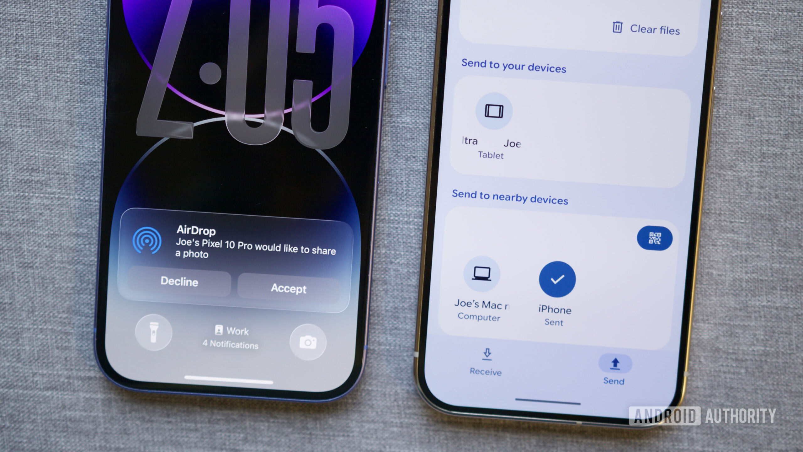 herói de compartilhamento rápido de lançamento aéreo 1 Um Pixel 10 Pro enviando um arquivo para um iPhone pelo Quick Share.