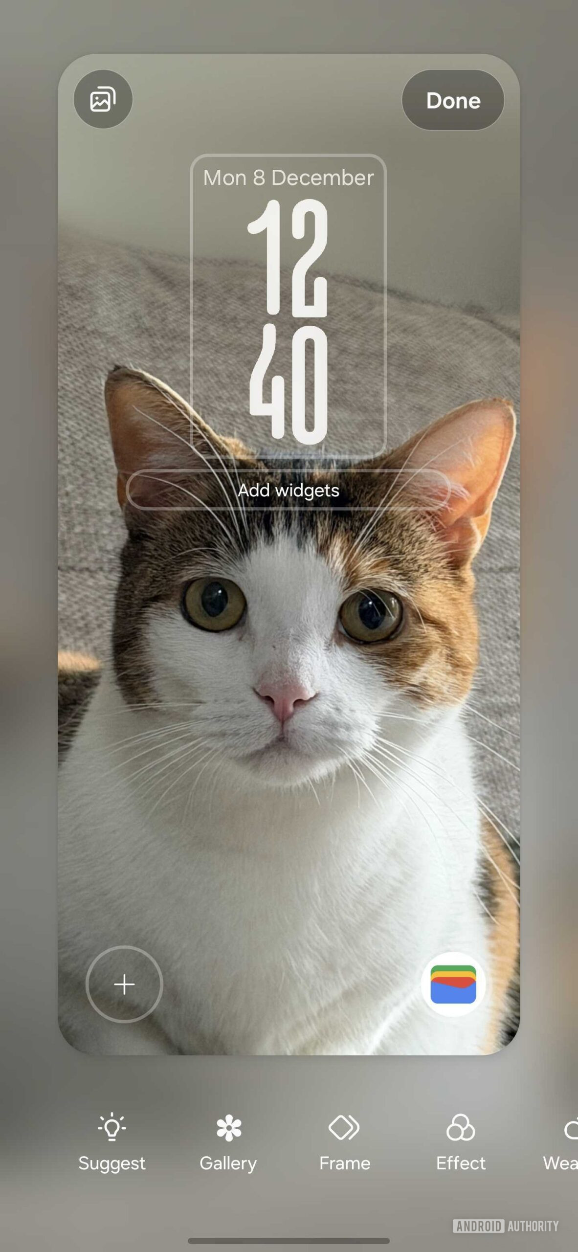 Uma tela de bloqueio UI 8.5 mostrando o relógio ajustando seu tamanho e layout de acordo com o gato no papel de parede