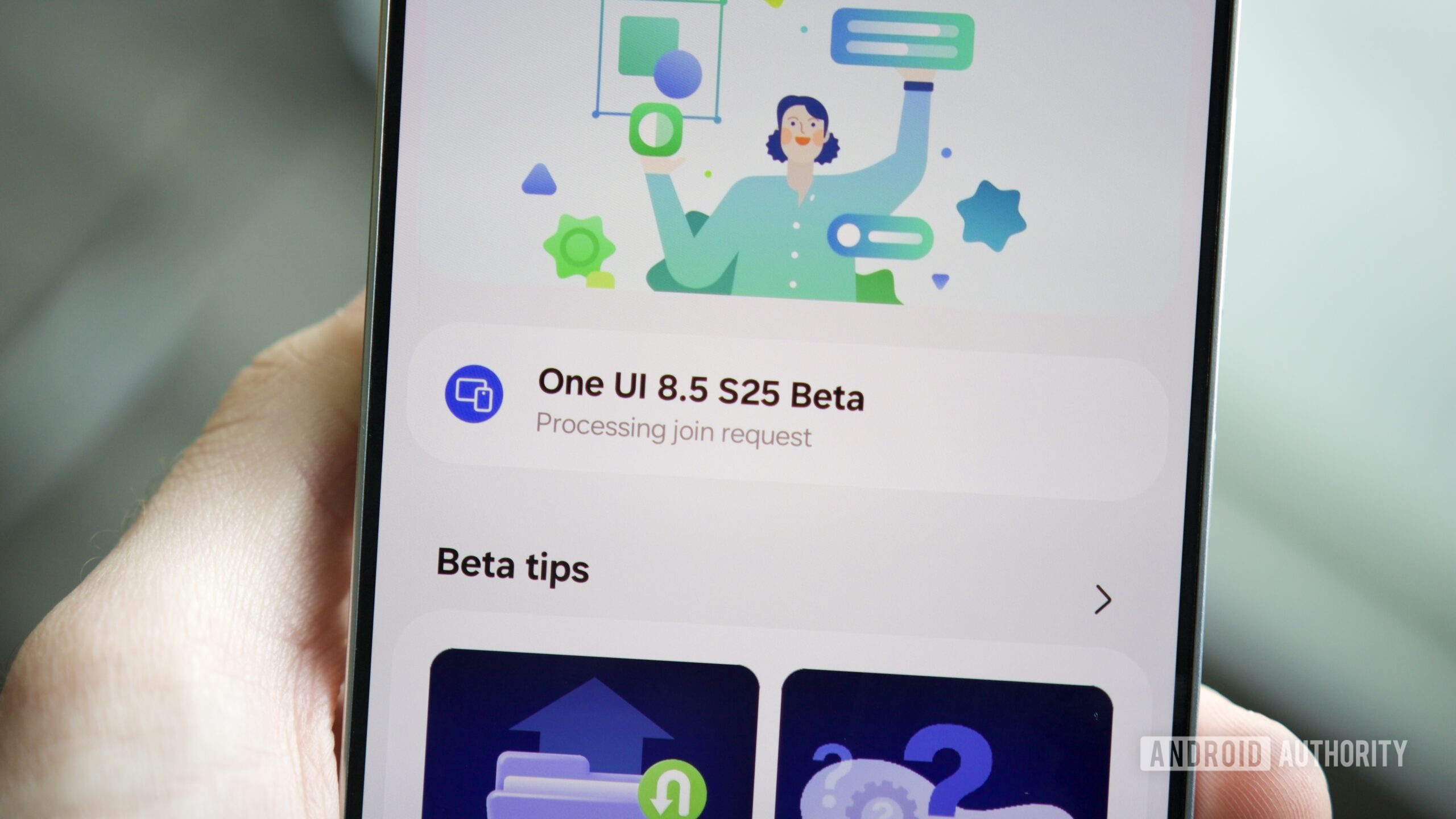 samsung one ui 8 5 beta como fazer hero 3 Um telefone Samsung mostrando a página de inscrição do One UI 8.5 beta.