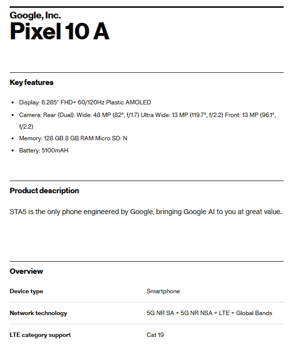 Especificações vazadas da certificação do Google Pixel 10a Verizon Especificações vazadas da certificação do Google Pixel 10a Verizon