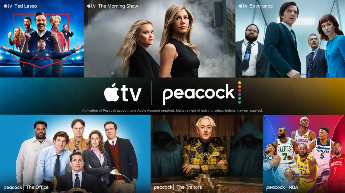 Logotipos e miniaturas da Apple TV e Peacock juntos