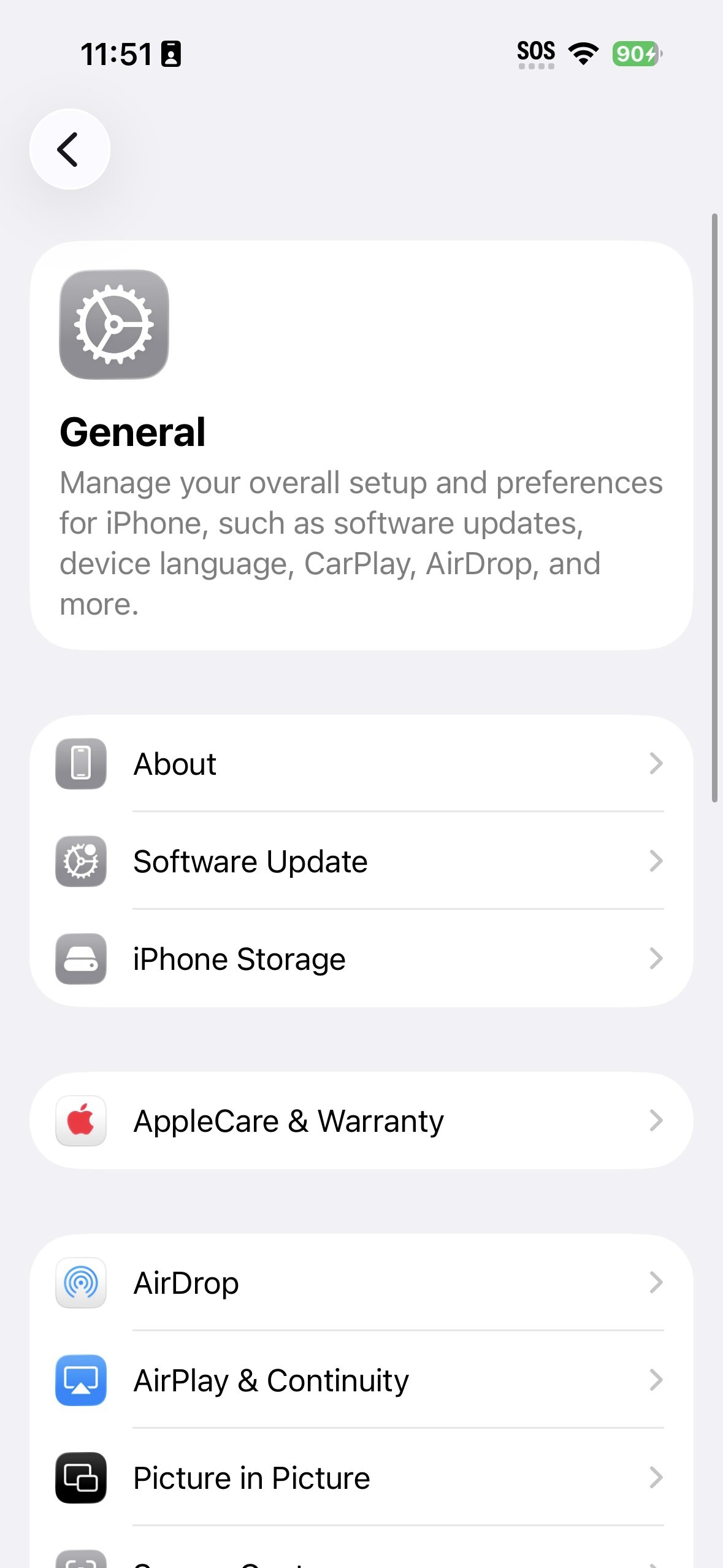Captura de tela do aplicativo Configurações no iOS 26.
