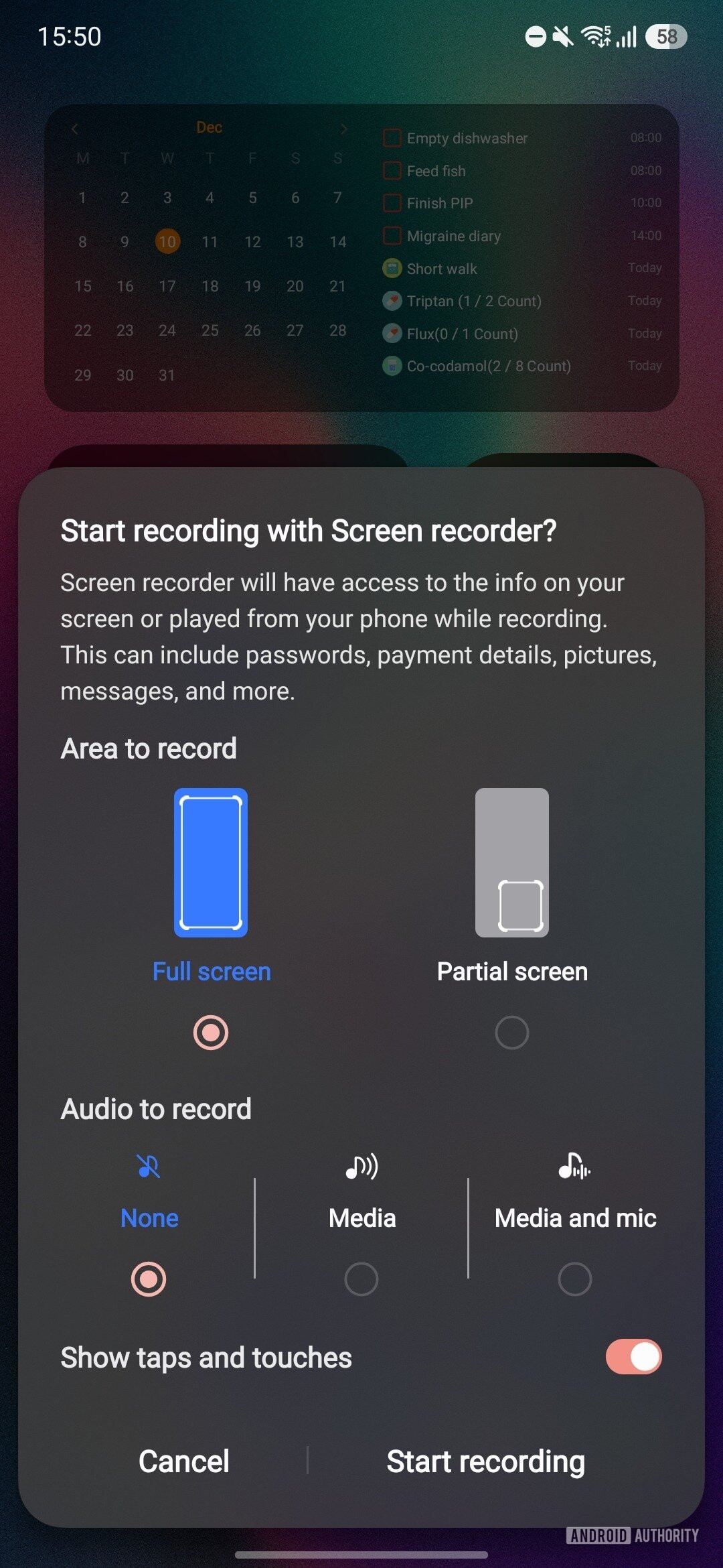 Menu de gravação de tela One UI 8.5