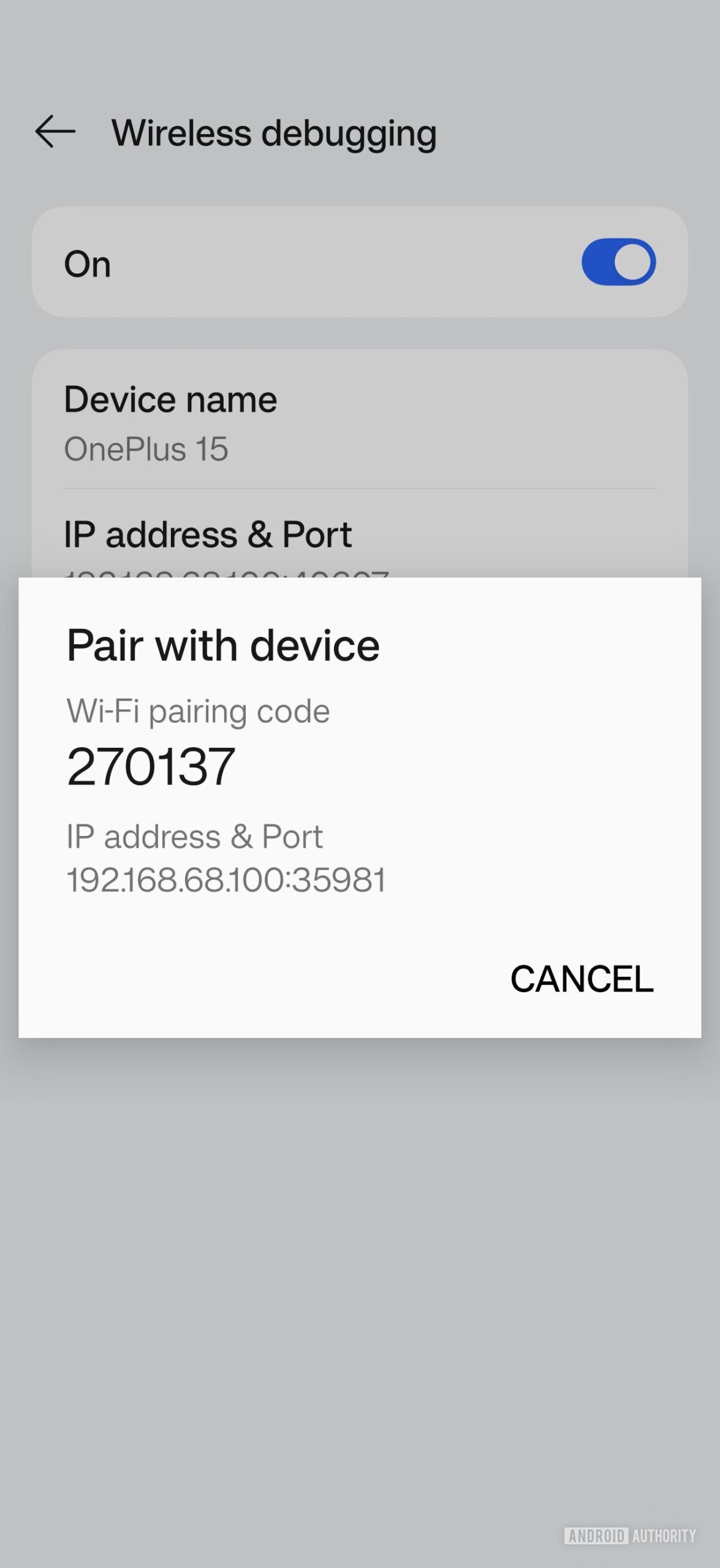 Habilitando a depuração sem fio usando um código de emparelhamento