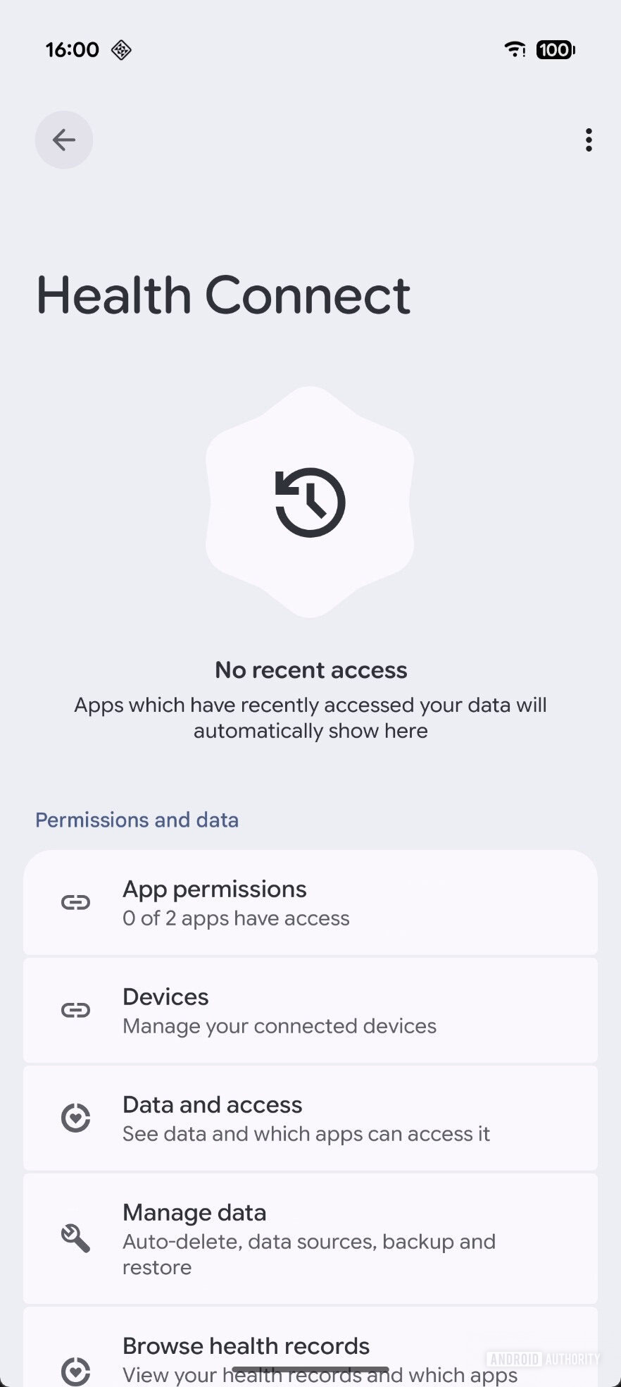 Página antiga do Health Connect sem atividade recente