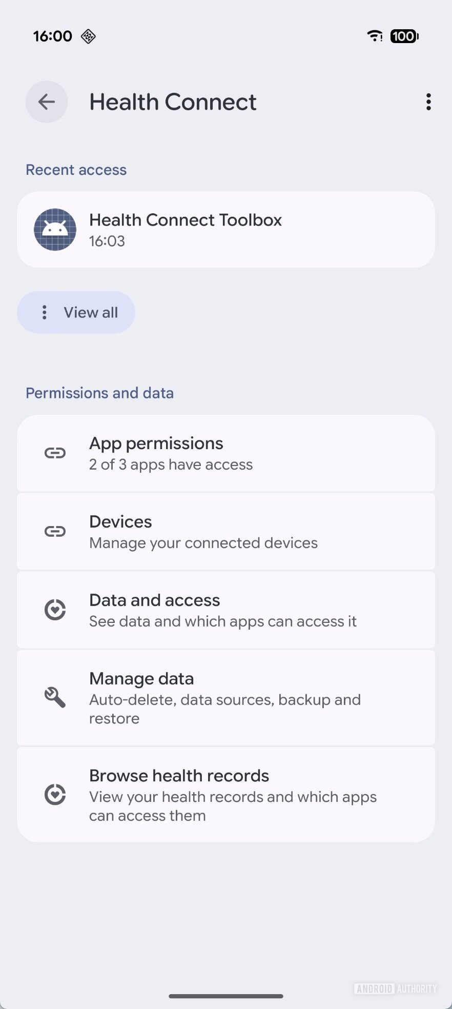 Página antiga do Health Connect com atividades recentes