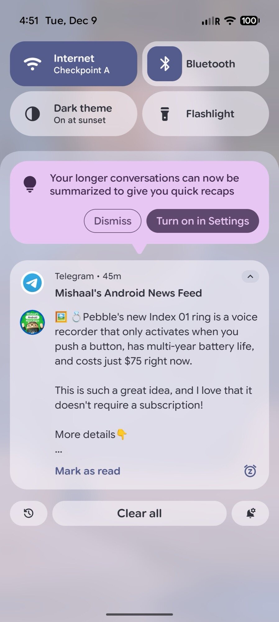 resumos de notificação de captura de tela do Android 16