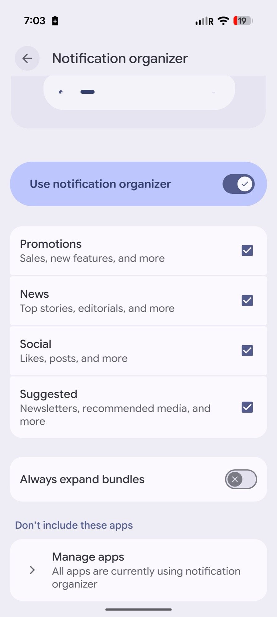 configurações do organizador de notificação de captura de tela do Android 16