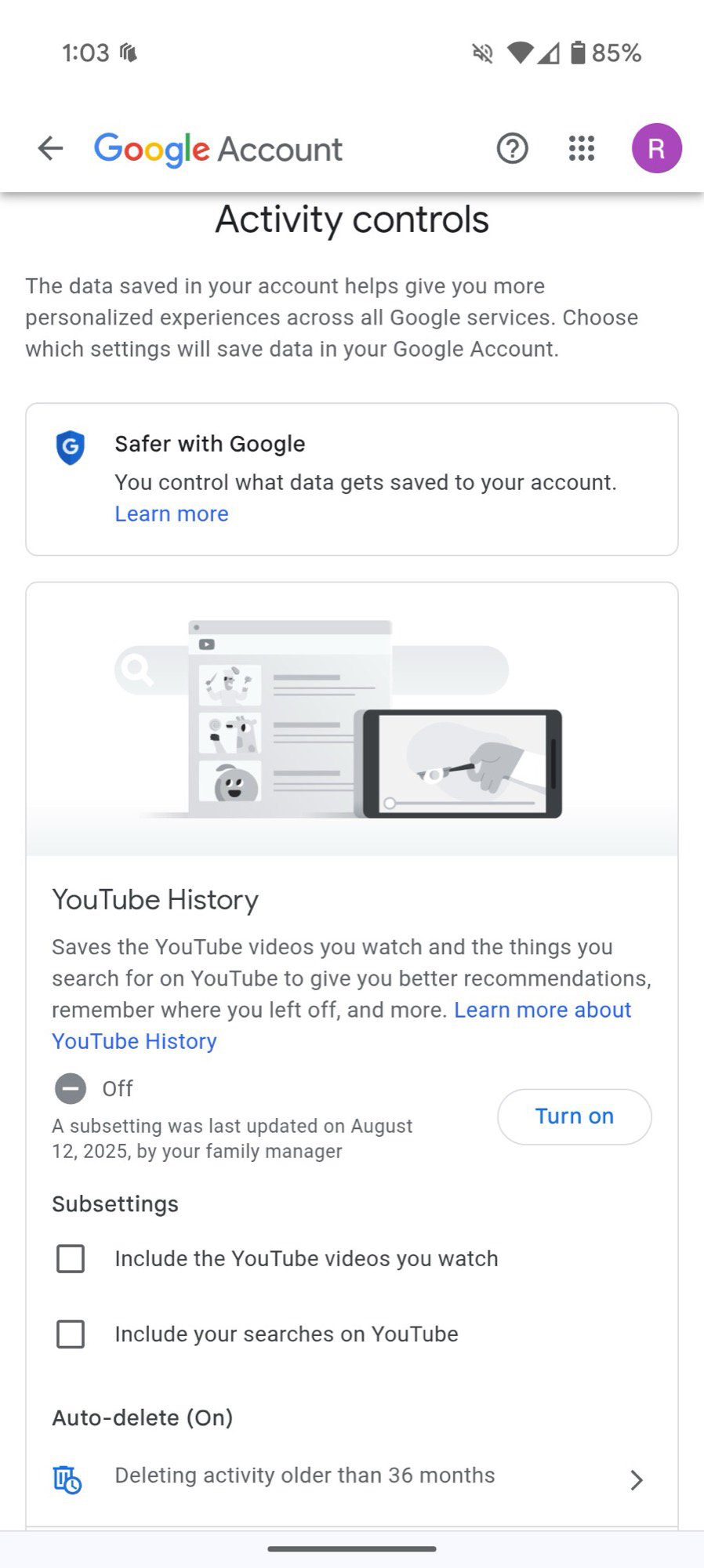 atividade de captura de tela do youtube controla o perfil secundário 1