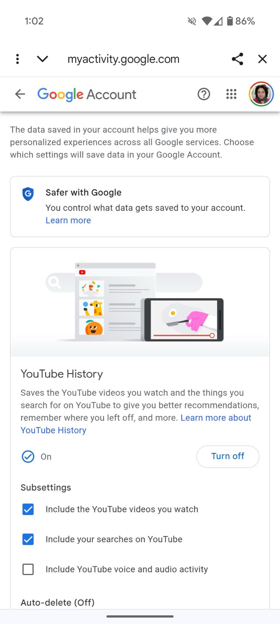 atividade de captura de tela do youtube controla o perfil principal
