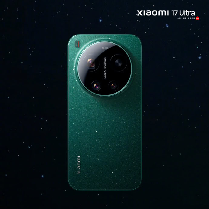 Painel traseiro verde estrelado do Xiaomi 17 Ultra mostrando a câmera