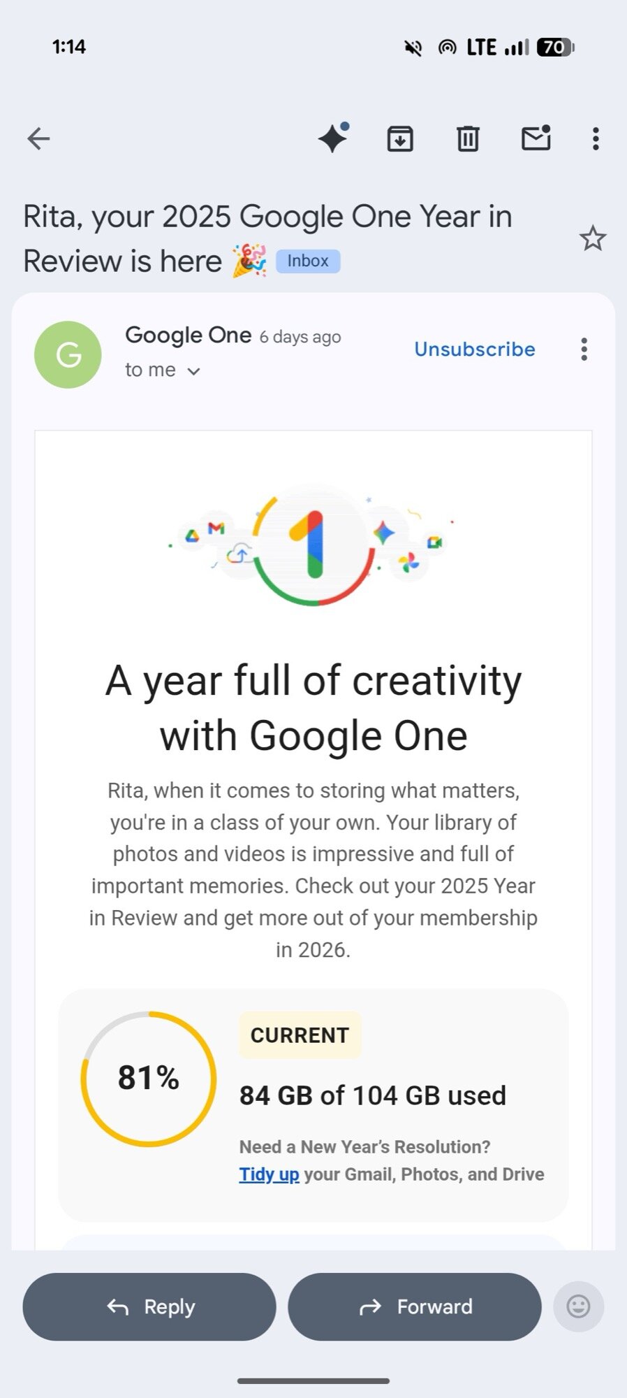 e-mail de revisão de um ano do Google