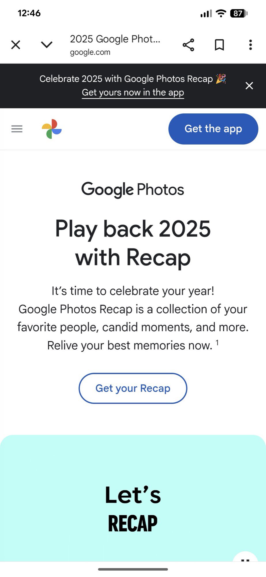 site do Google Fotos sobre recapitulação de 2025