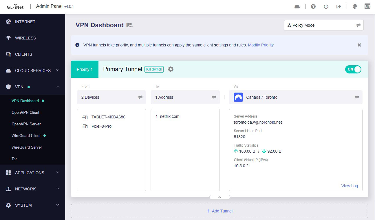 captura de tela do painel glinet vpn