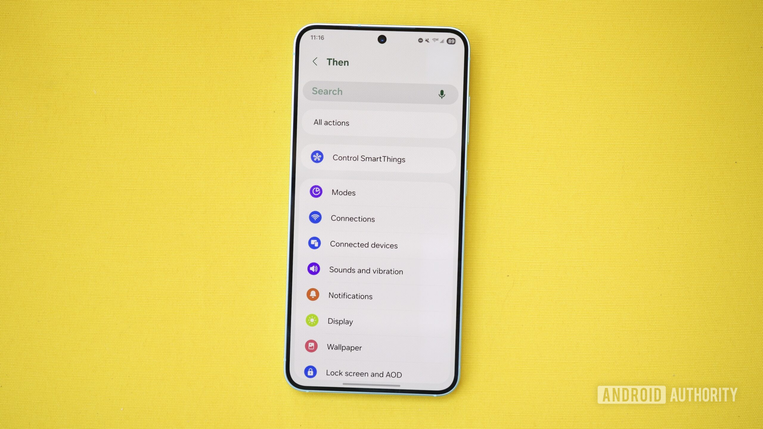 Lista completa de ações disponíveis no aplicativo Samsung Routines.
