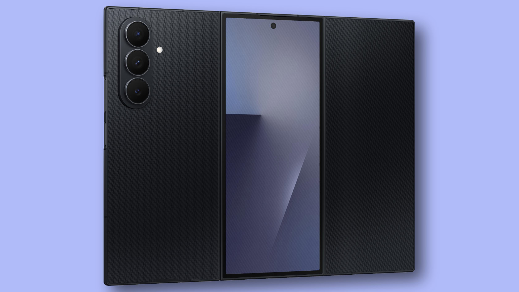 Renderização oficial do Samsung Galaxy Z TriFold contra um fundo azul.