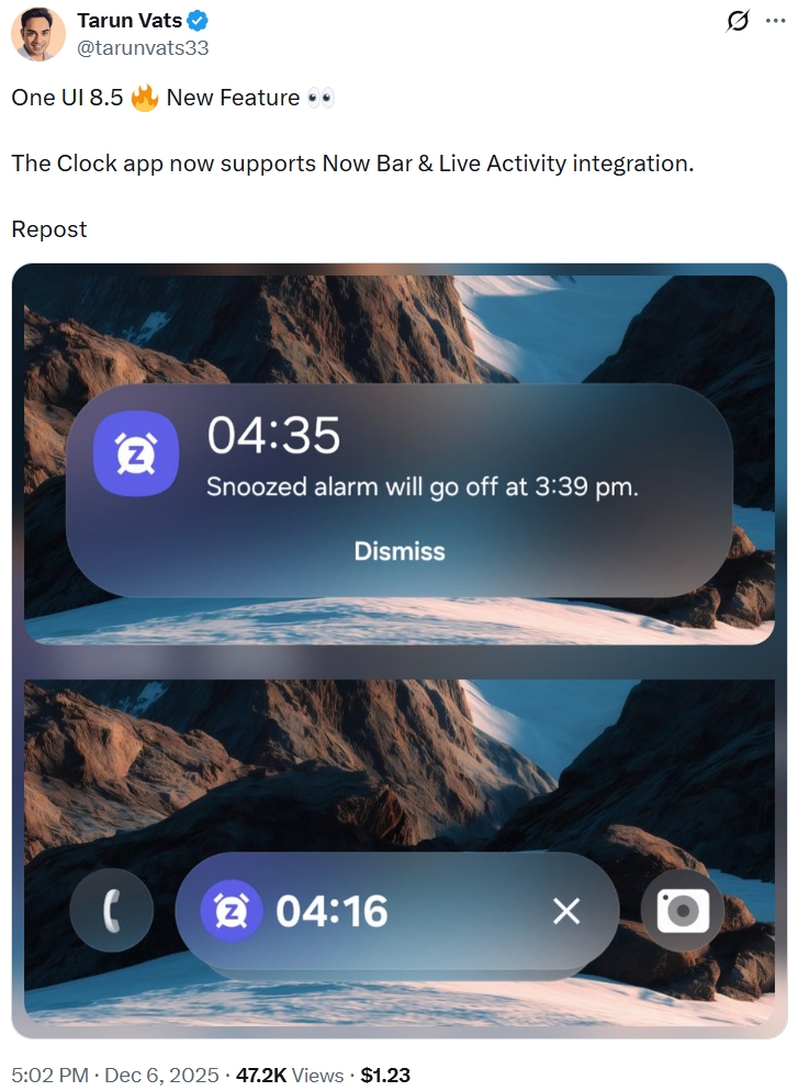 Integração One UI 8.5 Now Bar para aplicativo Clock